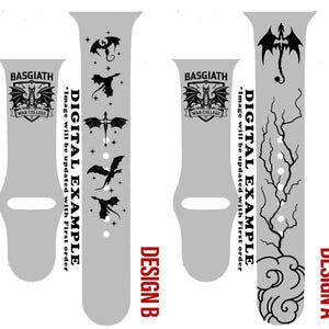 May include: Two light gray silicone watch bands featuring black graphic prints. Design B displays the Basgiath War College crest and five flying dragons. Design A features the same crest, a single dragon, and a lightning bolt with clouds.
