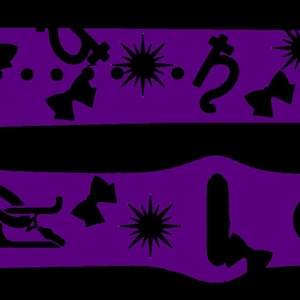 May include: Two purple watch bands with black graphic designs. The bands feature various shapes, including stars, bows, and symbols. The bands are designed to fit a smartwatch and are displayed against a black background.