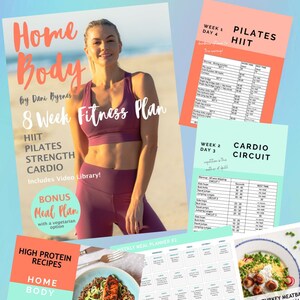 May include: A pink and purple fitness plan booklet titled "Home Body 8 Week Fitness Plan" by Dani Byrnes. The booklet includes a bonus meal plan with a vegetarian option. The cover features a woman wearing a pink sports bra and leggings.