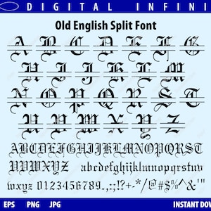 May include: A black and white image of an Old English split font alphabet. The letters are in uppercase and lowercase, and include numbers and punctuation marks.
