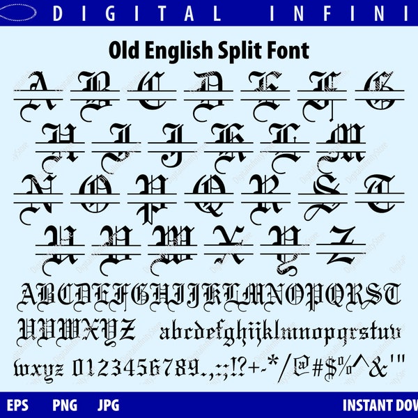 SPLIT OLD ENGLISH Font Svg, Split Gothic Monogram Svg, Split Alphabet Svg, Old English Letters and Numbers Svg, Files for Cricut