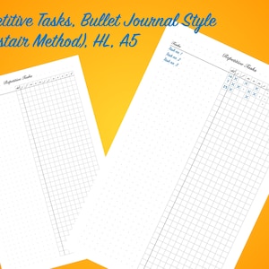 May include: Two printable pages for tracking repetitive tasks using the Alastair Method. The pages are designed in a bullet journal style with dotted grid paper and a section for listing tasks. The first page has a section for listing tasks and a large grid for tracking. The second page has a smaller section for listing tasks and a larger grid for tracking with a sample of checkmarks and Xs.