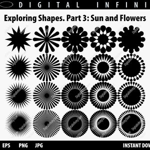 May include: A set of 16 black and white sun and flower shapes. The shapes are all circular and have a variety of different designs. The shapes are perfect for use in crafts, scrapbooking, and other creative projects.