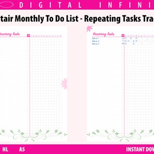 Puede incluir: Una lista de tareas mensuales imprimible con un rastreador de tareas repetitivas. La lista está dividida en dos secciones, una para tareas recurrentes y otra para tareas diarias. La lista está diseñada para ayudarte a mantenerte organizado y al tanto de tus tareas.