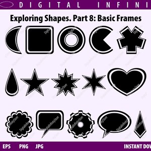 Puede incluir: Un conjunto de 14 formas vectoriales en blanco y negro con un contorno blanco. Las formas incluyen una luna creciente, un cuadrado, un círculo, Pac-Man, una estrella de la vida, una lágrima, una estrella, un corazón, una flor, un globo de diálogo, un engranaje y un diamante.