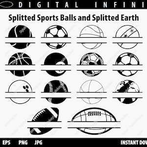 Peut inclure: Graphique numérique en noir et blanc présentant divers ballons de sport et un globe terrestre, chacun divisé horizontalement avec un espace vide pour la personnalisation. Le texte "Splitted Sports Balls and Splitted Earth" est affiché au-dessus des images. Icônes de type de fichier : SVG, EPS, PNG et JPG.
