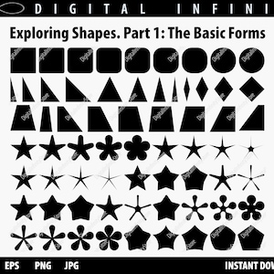 May include: A black and white image displaying a range of basic geometric shapes, including squares, circles, triangles, stars, and flowers. The image is titled "Exploring Shapes. Part 1: The Basic Forms".