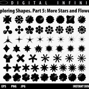 Könnte beinhalten: Ein digitaler Download in Schwarzweiß mit 48 verschiedenen Formen, darunter Sterne, Blumen und geometrische Formen. Der Text "Exploring Shapes. Part 5: More Stars and Flowers" befindet sich oben im Bild.