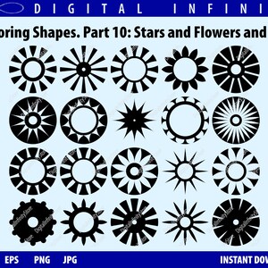 May include: A set of 20 black and white vector illustrations of stars, flowers, and cogs. The shapes are all circular and have a simple, geometric design.