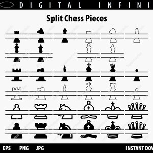 Peut inclure: Un téléchargement numérique en noir et blanc de pièces d'échecs divisées. Les pièces sont disposées en rangées, chaque pièce étant divisée en deux. Les pièces comprennent le roi, la reine, la tour, le fou, le cavalier, le pion et la case vide. Le texte "Split Chess Pieces" est en haut de l'image. Le texte "SVG EPS PNG JPG" est en bas de l'image. Le texte "INSTANT DOWNLOAD" est en bas à droite de l'image.