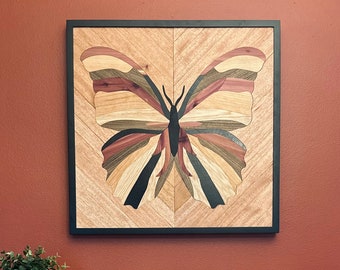 Large wooden intarsia butterfly wall art, oversized patterned inlay wood wall hanging, Gift for gardener nature lover, quilted wood mosaic