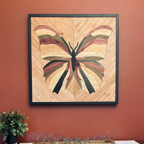 Large wooden intarsia butterfly wall art, oversized patterned inlay wood wall hanging, Gift for gardener nature lover, quilted wood mosaic