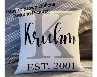 Custom Initial Pillow Cover - last name Monogram  throw pillow - Wedding Gift - Housewarming Family Established date Gift - Family Name sign