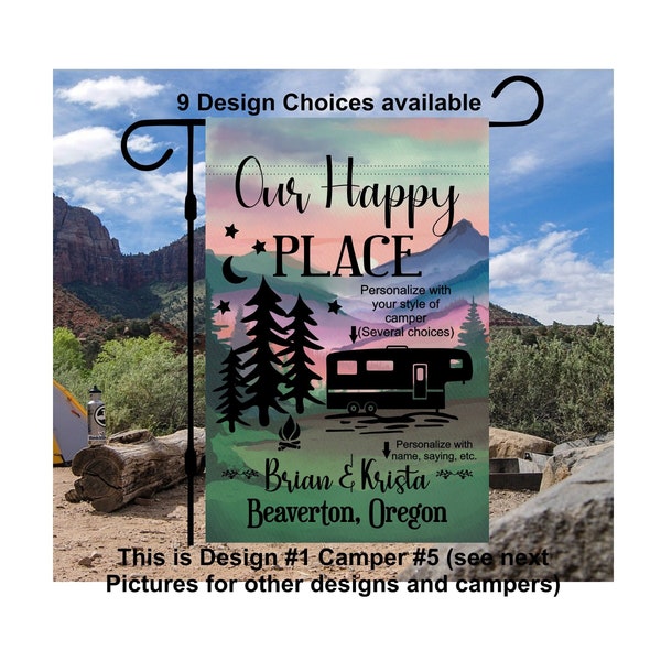 Camper Campsite garden Flag, Personalized bright Camping sign, Camp outdoor Decor, Gift outdoorsman traveler, Custom Decor rv trailer popup