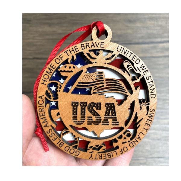 USA Wood Ornament, Patriotic Holiday Tree Decoration, commemorative American Flag Christmas Ornament, United States military veteran gift