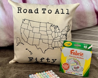USA Road Trip Pillow Cover, Kids Coloring Travel Map