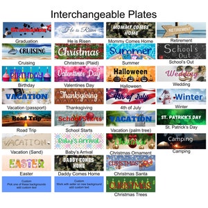 May include: A set of 20 interchangeable plates with various designs and themes, including graduation, Christmas, summer, Halloween, Thanksgiving, 4th of July, vacation, road trip, school starts, baby's arrival, Easter, daddy comes home, St. Patrick's Day, camping, and retirement. The plates are made of a durable material and can be used for a variety of occasions.