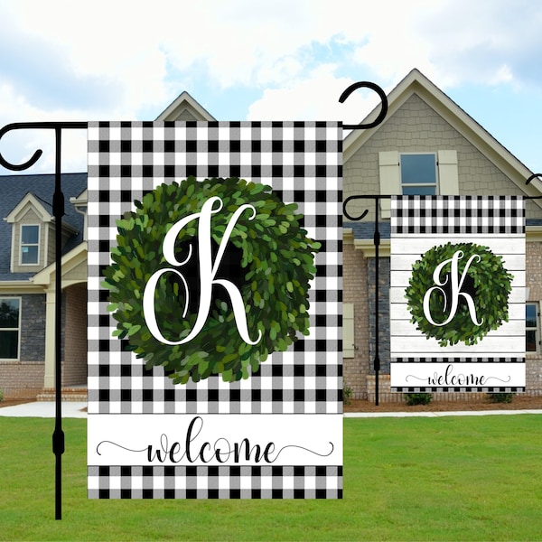 Custom Garden Flag, Personalized House sign, Buffalo Plaid Outdoor Decor, House Warming Gift, Boxwood Wreath, family initial monogram yard