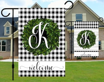 Buffalo plaid Boxwood Wreath garden flag - Boxwood wreath with initial yard sign - Green leaf wreath porch decor - welcome monogram yard art