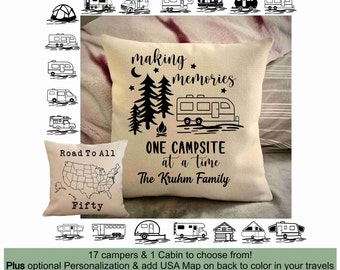 Custom Camping pillow cover, Campsite decor, Personalized camper pillow case, camp gift, RV living, Van life, making memories, Road trip