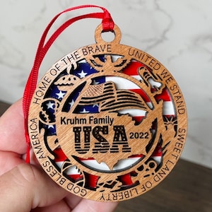 Personalized USA Wood Ornament, Patriotic Holiday Tree decor, commemorative American Flag Christmas Ornament, United States veteran gift