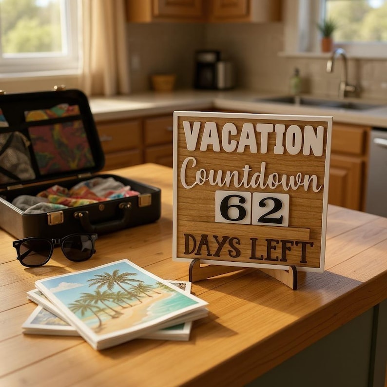 Wooden vacation countdown sign reading “Vacation Countdown – 62 Days Left” displayed on a kitchen counter, with sunglasses, tropical travel brochures, and an open suitcase in the backgroun