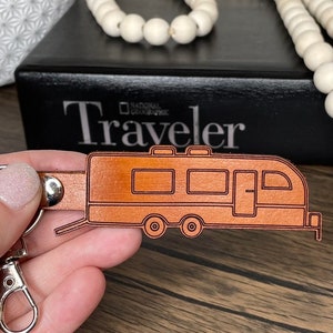 Custom Toy hauler leather keychain, Personalized pull travel trailer key chain, camper bag tag, motorhome trailer, weekend travel lifestyle