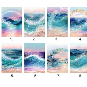 May include: Eight watercolor illustrations of ocean waves with a sunset sky and sparkling glitter. The waves are blue, green, and white, and the sky is pink, orange, and purple. The glitter is gold and silver.
