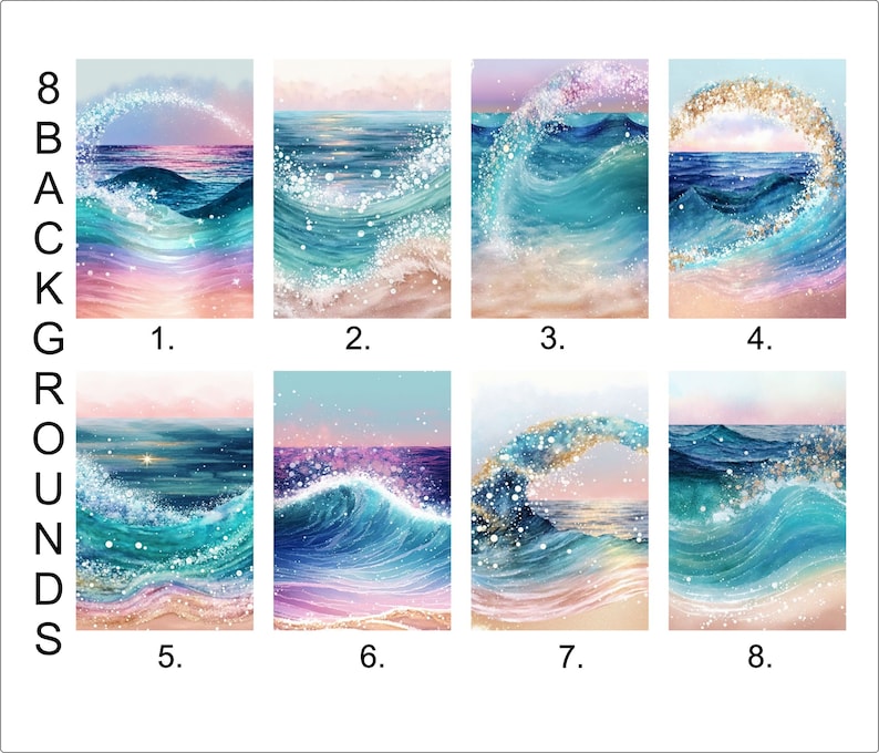 May include: Eight watercolor illustrations of ocean waves with a sunset sky and sparkling glitter. The waves are blue, green, and white, and the sky is pink, orange, and purple. The glitter is gold and silver.