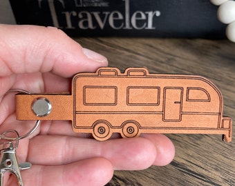 Custom Travel Trailer leather keychain, Personalized toy hauler key chain, motorhome Pull trailer decor key fob, weekend travel lifestyle