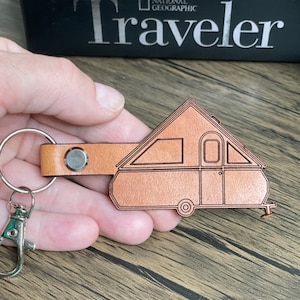 Custom A Frame popup Camper leather keychain, Personalized fancy camper A-frame key chain, trailer key fob, camper travel gift, weekend life