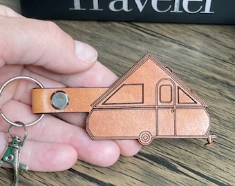 Custom A Frame popup Camper leather keychain, Personalized fancy camper A-frame key chain, trailer key fob, camper travel gift, weekend life
