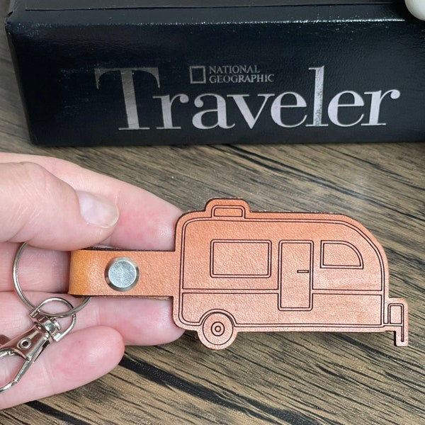 Custom small travel trailer leather keychain, Personalized camper key chain, camper bag tag, motorhome Pull trailer weekend travel lifestyle