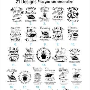 A black and white graphic design sheet with 21 different designs for cruise magnetic banners. The designs include phrases like 'Friends Cruise Together', 'Husband and Wife Cruising Partners for Life', 'Family Cruise', 'Life is Better on a Cruise', 'Aw Ship! It's a Birthday Trip', 'Just Married on Board', 'Time to Get Ship Faced', 'If the Ship is a Rockin' Don't Come a Knockin'' and 'We Tried to Be Good But Then the Ship'. The designs are numbered 1 through 21.
