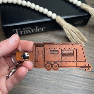 Custom Travel Trailer leather keychain, Personalized toy hauler key chain, camper bag tag, motorhome Pull trailer retirement gift key fob