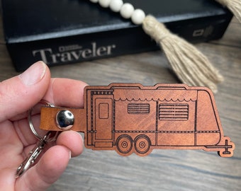 Custom Travel Trailer leather keychain, Personalized toy hauler key chain, camper bag tag, motorhome Pull trailer retirement gift key fob