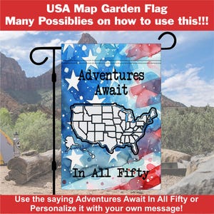 Drapeau de jardin personnalisé avec carte des États-Unis, tracker de voyage couleur, décoration de camping pour camping-car, cadeau de voyage en famille sur la route, souvenir de voyage en plein air, drapeau d'aventure