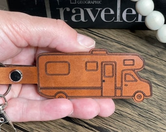 Custom class C Motorhome leather keychain, Personalized motor home camper trailer key chain, RV Trailer retirement gift, camping in style