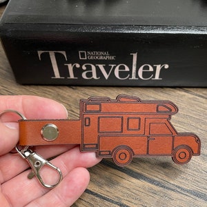 Custom truck trailer camper leather keychain, Personalized pickup truck with camper key chain, camping accessories, traveler camper gift