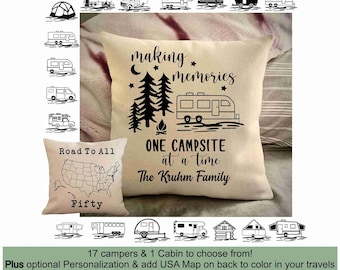 Custom Camping pillow cover, Personalized camper pillow case, RV travel decor, gift for camper, making memories pillow, RV living, van life