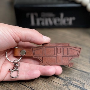 Custom pop-up tent Trailer leather keychain, Personalized popup truck camper key chain,  weekend travel, home away from home, happy camper