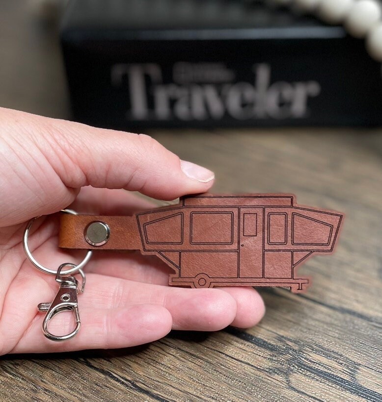 Custom pop-up tent Trailer leather keychain, Personalized popup truck camper key chain,  weekend travel, home away from home, happy camper