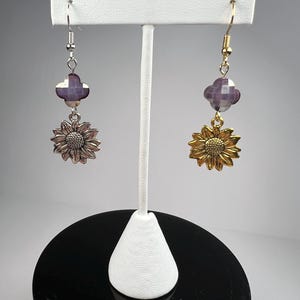 Sunflower Earrings with Purple Clover Shaped Bead in Silver or Gold