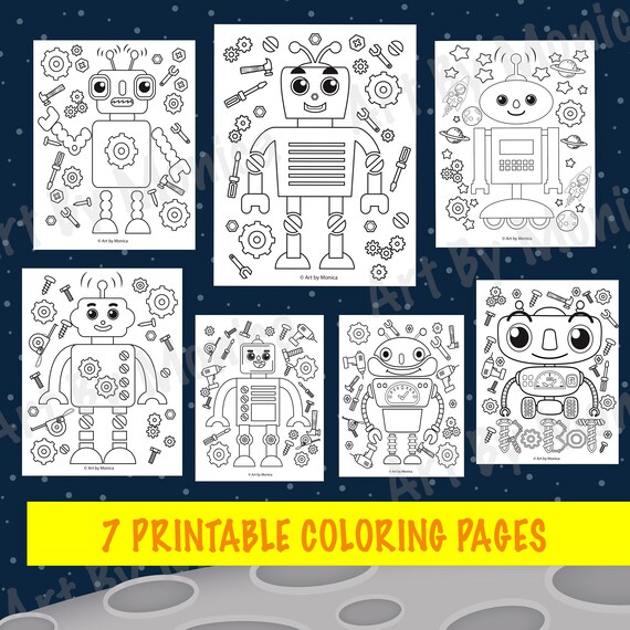 Robot Coloring Pages, Printable Coloring Pages, Robot Birthday Party Activity, Boys Birthday Party, Kids Coloring Pages, 7 Pages
