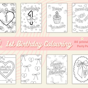 Può includere: Un set di otto pagine da colorare stampabili in bianco e nero per un primo compleanno. Le pagine presentano vari disegni, tra cui un cuore con il numero uno, un cupcake con una candela e un fiocco con la parola "uno".