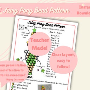 May include: A digital document titled Fairy Pony Bead Pattern featuring a visual guide for creating a beaded figure. The page includes a row-by-row list, a QR code, and a graphic illustration of a green and yellow beaded design with a star.