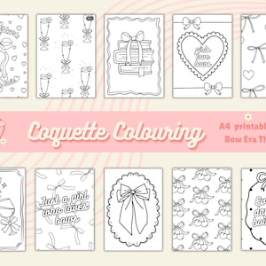 Può includere: Un set di 10 pagine da colorare stampabili con fiocchi, cuori e testo relativo ai fiocchi. Le pagine sono progettate in bianco e nero e sono adatte a adulti e bambini.