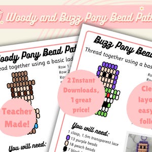 Può includere: Due fogli di istruzioni bianchi per motivi con perline pony intitolati Woody Pony Bead Pattern e Buzz Pony Bead Pattern. I documenti includono elenchi dei materiali necessari, istruzioni passo dopo passo e disegni di personaggi con perline.