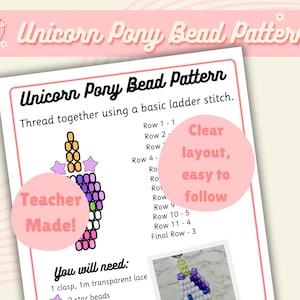 Op de afbeelding: Een digitaal document getiteld Unicorn Pony Bead Pattern met instructies voor een laddersteekontwerp. De pagina bevat een visueel diagram van een eenhoorn van kralen, een rij-voor-rij telling, een lijst met benodigdheden en een foto.