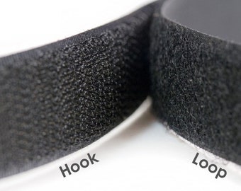 May include: Close-up of black hook and loop tape. The hook side has small, sharp points, while the loop side has soft, fuzzy fibers. The text "Hook" and "Loop" is printed below each side.